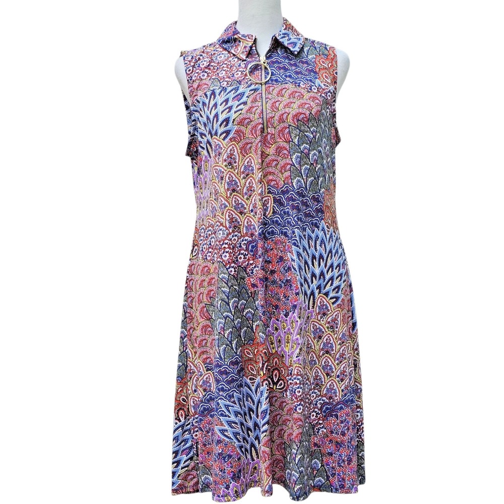 MSK Midi Dress Sleeveless Multicolor Floral Pattern 1/4 Zip Front Womens Medium